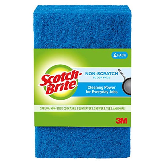 Scotch-Brite® No-Scratch Scour Pad 4-pack with blue textured non-scratch pads designed for kitchen cleaning tools, safe on non-stick cookware, countertops, and glass cooktops, featuring durable fibers and 3M branding on green packaging.