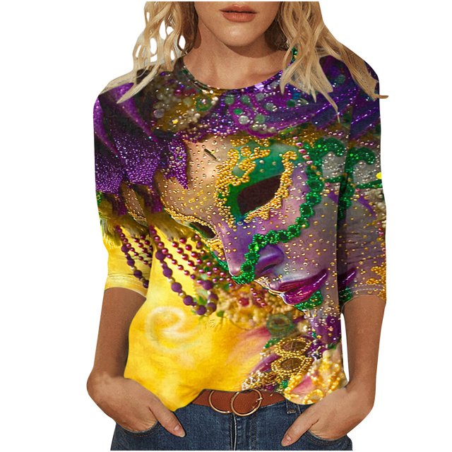 Penkiiy Blouse Carnaval Manches 3/4 Chemise de Printemps Quotidienne Tee Imprimé Masque Blouse Mardi Gras Col Rond 2024 Tee Tunique Habillée S Multicolore