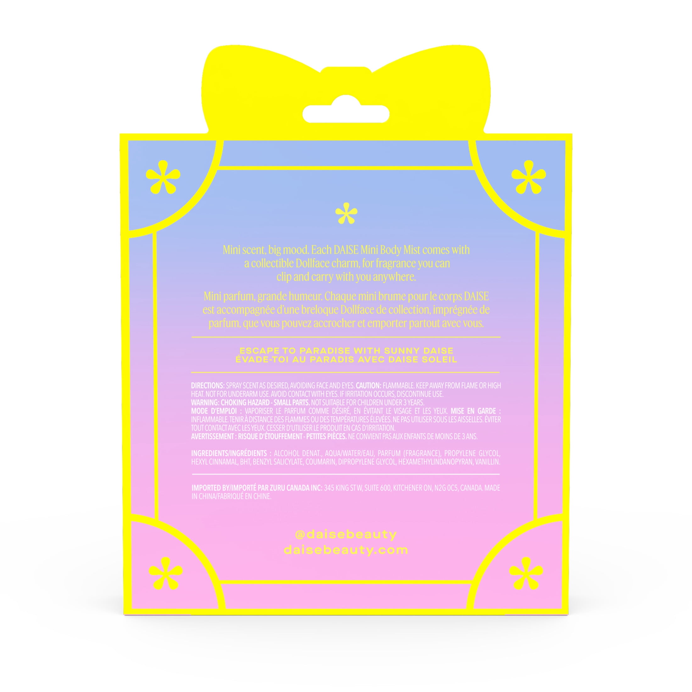 DAISE Brume Parfumée Pour Le Corps Avec Mini Breloque Dollface, Sunny, Vanille et Noix de coco, 30 mL