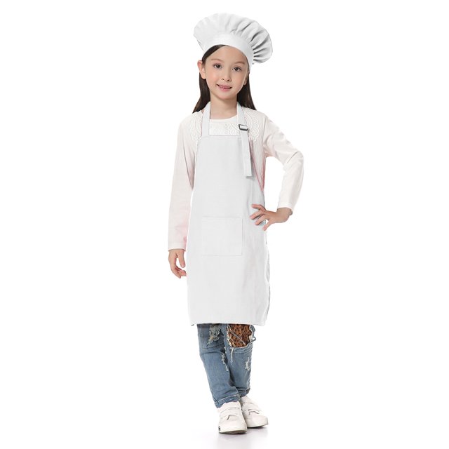 TOPTIE Kids Apron and Chef Hat Set, Adjustable Cotton Child Cooking Kitchen Apron, S-XXL-White-M