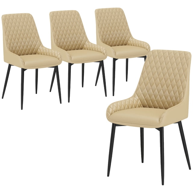 HOMCOM Dining Chairs Set of 4, PU Leather Kitchen Chairs with Steel Legs. Khaki PU leather set of four with diamond tufting, soft foam cushions, gently curved raised-edge seats and powder-coated steel legs; overall 19.7" W x 23.6" D x 35" H (50 x 60 x 89 cm). Often used as accent chairs in bedroom or office. Assembly required.
