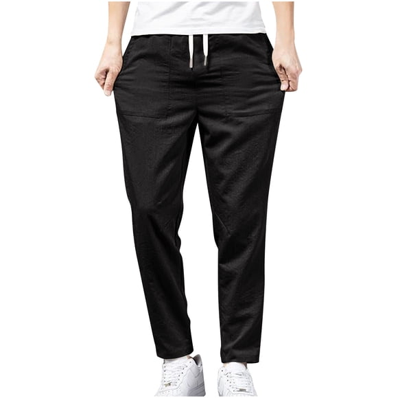 USSUMA Mens Clothes Solid Pocket Long Khakis Casual Relaxed Linen-Cotton Blend Drawstring Drawstring Adaptable Casual Fleece Lined Pants Men