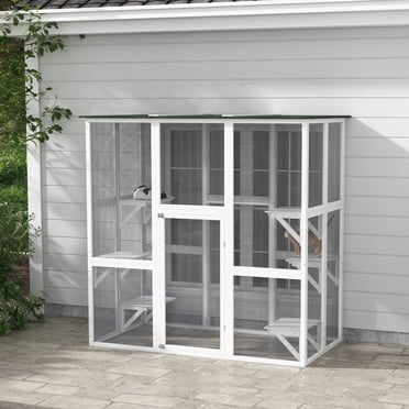 PawHut Large Wooden Outdoor Cat Enclosure Cage White