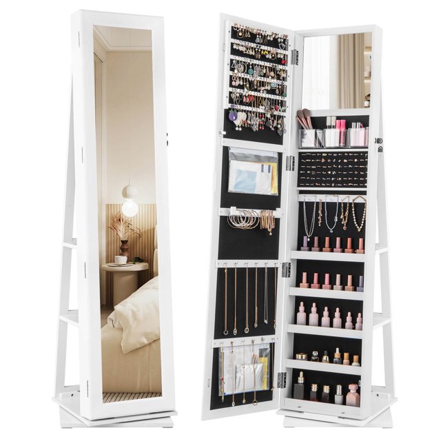 Costway 360° Swivel Jewelry Armoire with Full-Length Mirror Rear Shelves Makeup Mirror