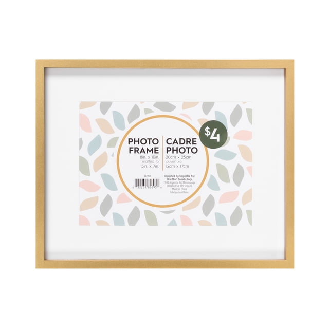 DesignOvation Gally 8x10 Matted to 5x7 Gold Picture Frame with a gold finish and deep profile, holding one 5x7 photo with mat or one 8x10 photo without mat. Ready to hang horizontally or vertically with an attached easel for tabletop display, ideal for personalized photo displays or gifting.