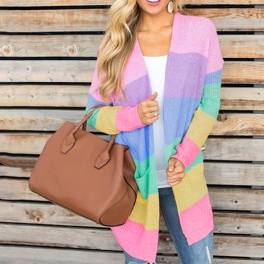Fiogavroetic Women's Rainbow Color Stripe Long Sleeve Knitted Cardigan Sweater Coat