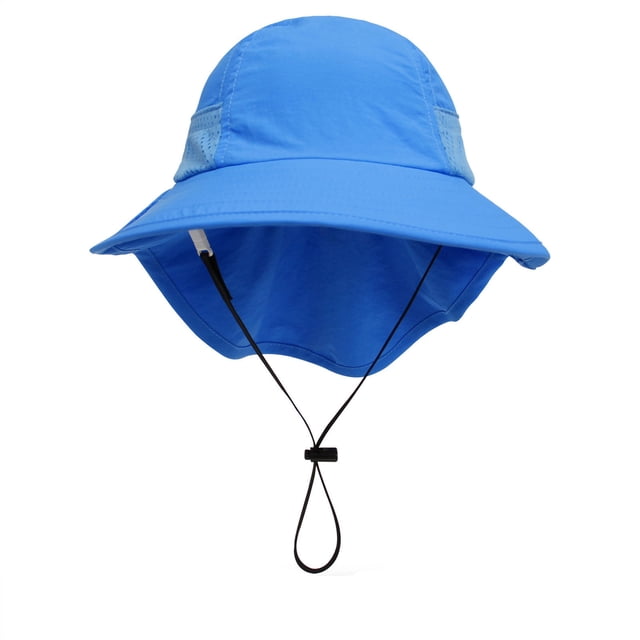 Besolor Toddler Baby Wide Brim Sun Hat in bright blue with adjustable chin strap. This kids' summer hat is made of breathable polyester and cotton for comfort and sweat absorption. It offers 50+ UPF sun protection, shielding children's head, face, eyes, and neck from strong sunlight.