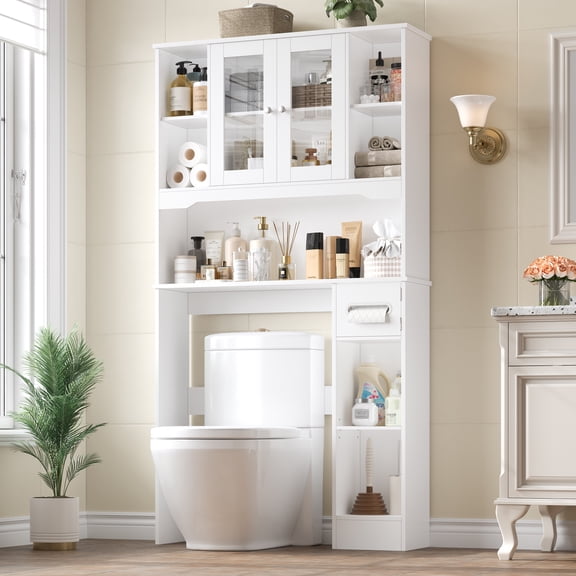Homfa Over The Toilet Storage Cabinet with Toilet Paper Holder Stand, Above Toilet Organizer with Glass Doors, Behind Toilet Shelf for Washroom, Bathroom, Laundry, White