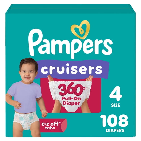 Pampers Diapers - Cruisers 360° - Size 4, up to 100% Leakproof Fit, Designed for Active Babies, Pull On Diaper, EZ Off Tabs Designed for Easy Changes