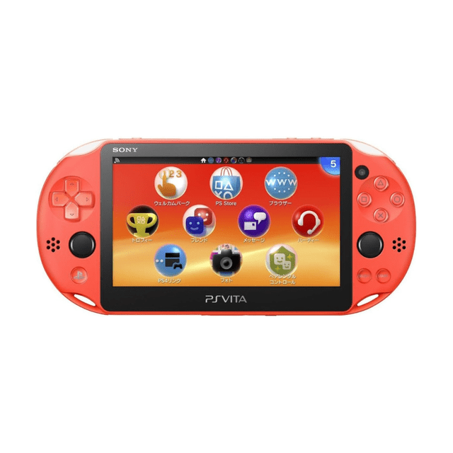 Sony PS Vita 2000 PlayStation handheld video game console in orange, refurbished. Features a vibrant 5-inch LCD screen, dual analog sticks, and front and rear touch panels for interactive gameplay. Lightweight and portable design with improved battery life and 1GB internal storage. Compatible with PS Vita, PSP, and PS One games, offering access to a massive digital library. Shown with a colourful interface on the screen.