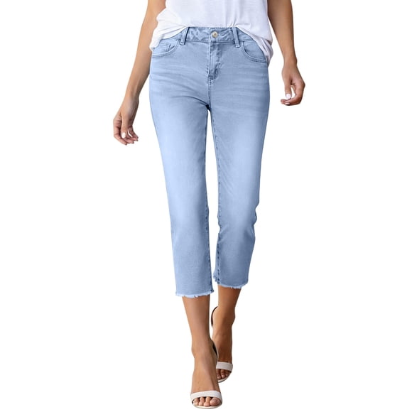 High Waisted Denim Pants for Women, Solid Color Elastic Straight Leg Capri with Pockets, Summer Casual Trousers