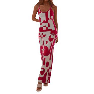 SUNSIOM Women Knitted Sleeveless Dress Printed Summer Spaghetti Strap Long Party Dress for Cocktail Beach Streetwear