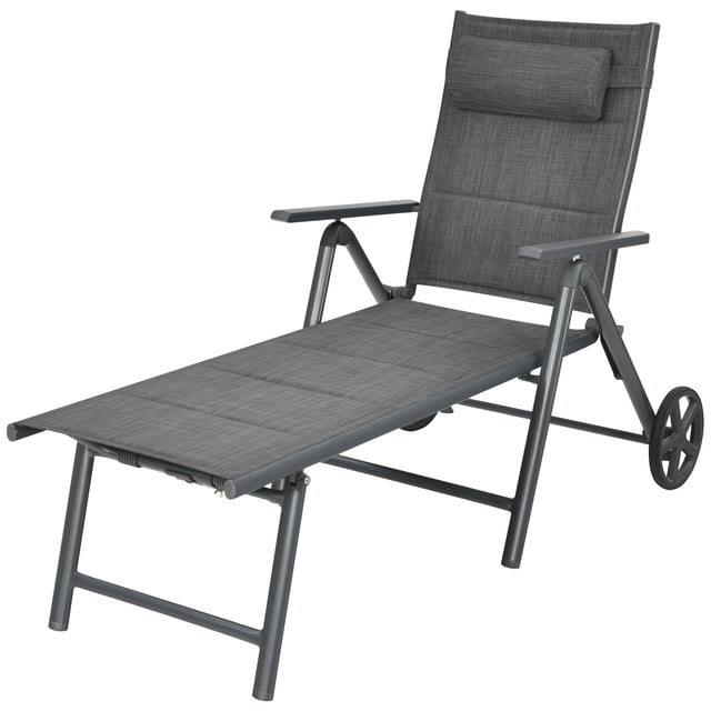 Patiojoy Chaise Longue de Patio Chaise d'Extérieur Inclinable avec Coussin de Cou et Roues Gris