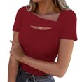 thumbnail image 1 of Lenpel T Shirts for Women Fashion Summer Short Sleeve Cutout Ribbed Knit Solid Color Slim Basic Tees Going out Tops, 1 of 7
