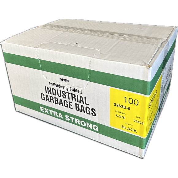 Industrial Garbage Bags, Individually Folded, Extra Strong, 26" W x 36" L, Black , Box of 100