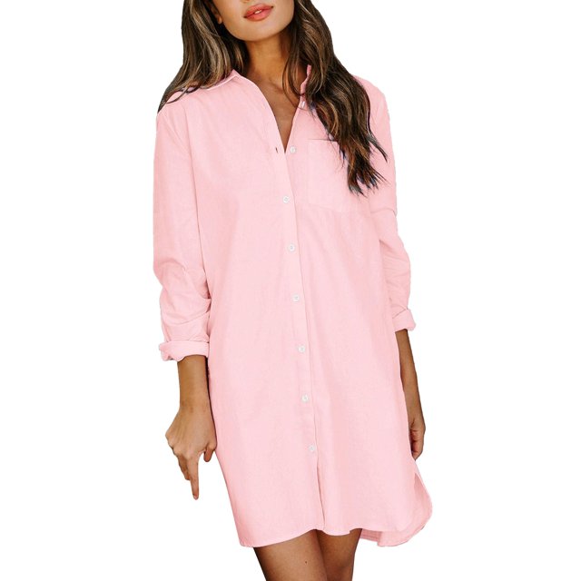Kcodviy Robe Décontractée Unie pour Femme Robe Maxi Décontractée à Manches Longues Col Roulé avec Poche Chemise-Robe à Col Montant Ourlet Fendu Robes Femme Décontractées Robe Ample
