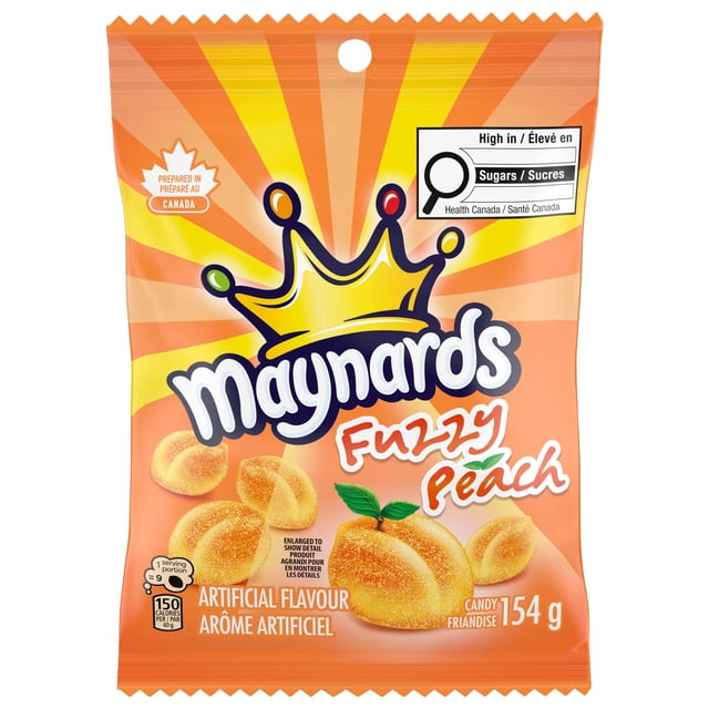 Maynards Fuzzy Peach Candy gummy candy bag with bright orange and yellow sunburst background, featuring sugar-coated peach-shaped chewy gummies and a large yellow crown logo, 154 g package prepared in Canada with a high sugar content label from Health Canada.