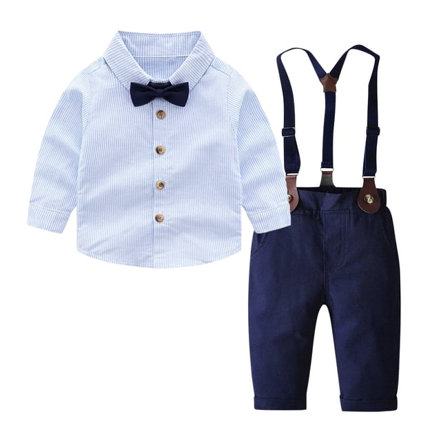 RXIRUCGD Ensemble de Mode pour Enfants à Rayures Chemise à Bretelles Pantalon Ensemble 2 Pcs Haut/chemise à Manches Longues à Col Rond ( Bleu, Taille : 130 )
