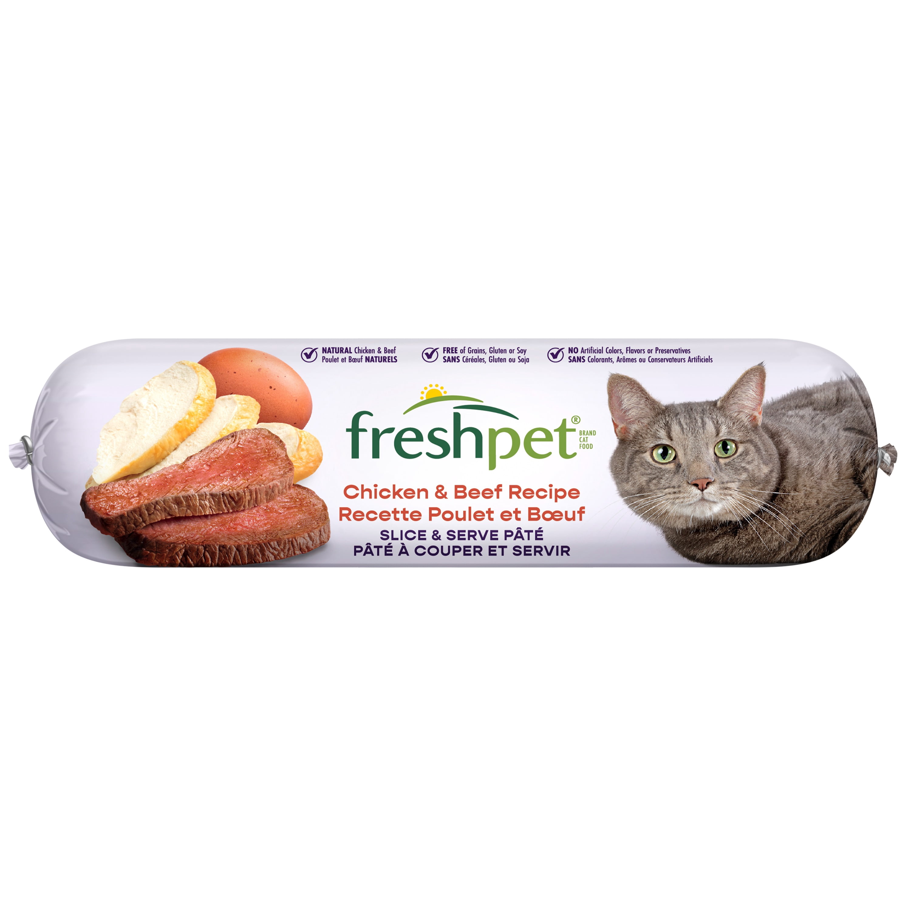 Freshpet Nourriture fraîche pour chats, Pâté en rouleau à trancher et à servir, Recette au poulet et au bœuf, 454 g.