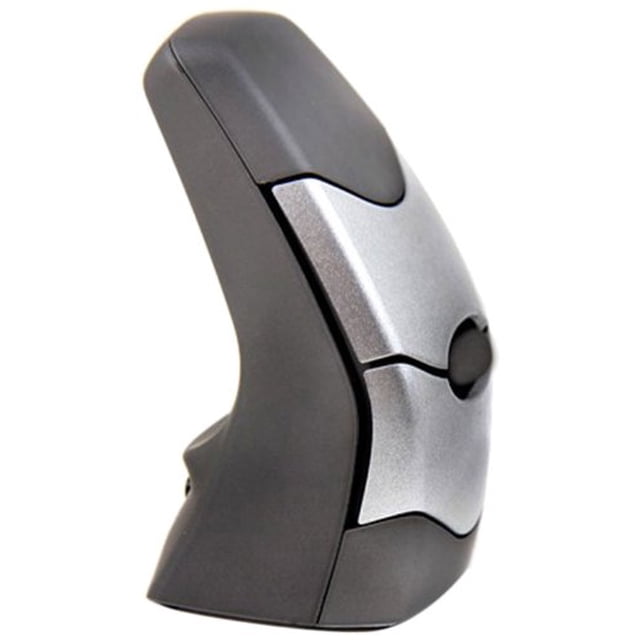 DXT Ergonomic Mouse 2 - Wireless - Light Touch Version by Kinesis, a wireless mouse with a vertical design and matte black and silver finish. Features adjustable DPI settings of 500, 1000, 1500, and 2000 for precision control. Suitable for ergonomic comfort during extended computer use.
