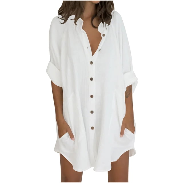 Timegard Chemises pour Femmes en Coton et Lin à Boutons, Col à Revers, Blouse à Manches 3/4, Hauts d'Automne avec Poches