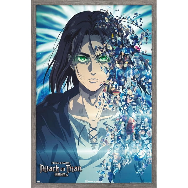 Attack on Titan : la Saison Finale - Affiche Murale de Fragments Représentant un Personnage d'Anime aux Longs Cheveux Noirs Portant une Veste Sombre et une Chemise Légère à Lacets, le Côté Droit Se Dissolvant en de Petits Fragments Mettant en Vedette Divers Personnages et Scènes de la Série, sur un Fond Bleu et Blanc Rayonnant dans un Cadre en Bois.