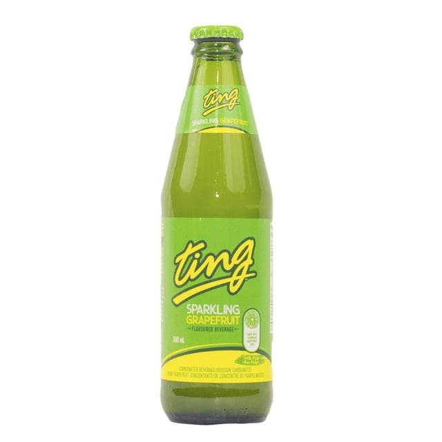 Ting Sparkling Grapefruit 300 ml glass bottle with green and yellow label showing the Ting logo and sparkling grapefruit flavour, a refreshing carbonated beverage suitable for drinking alone or as a mixer.