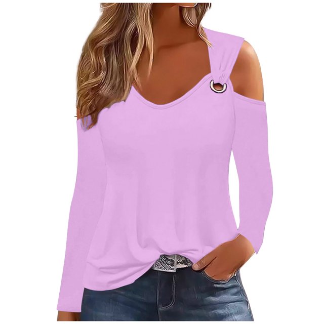 Yuyuzo Womens Tunic Tops Cold Shoulder Long Sleeve Shirts Loose Solid Color Lightweight Tee Tops