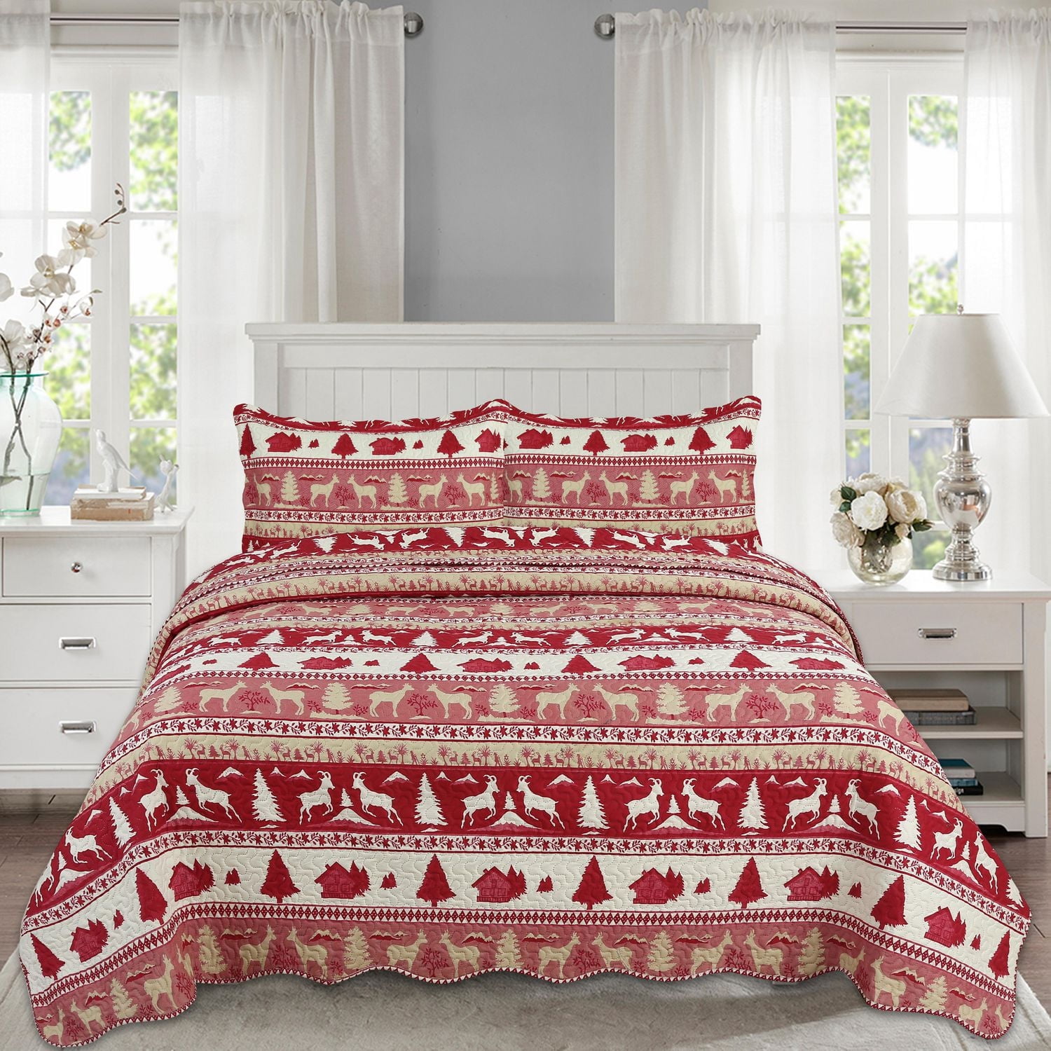 Décor Marina Decoration Ensemble de literie ultra doux avec couvre-lit et taies d'oreiller, motif de chèvre rouge cabine