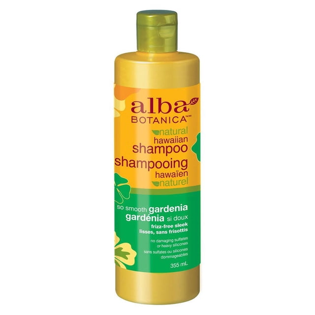 Alba Botanica So Smooth Gardenia Natural Hawaiian Shampoo in a 355 mL yellow and green bottle with a green flip-top cap, formulated with gardenia extract and soy protein to nourish hair for frizz-free sleekness without sulfates or heavy silicones.