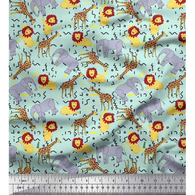 Soimoi Green Poly Georgette Fabric Lion,Giraffe & Elephant Kids Decor Fabric Printed BTY 52 Inch Wide