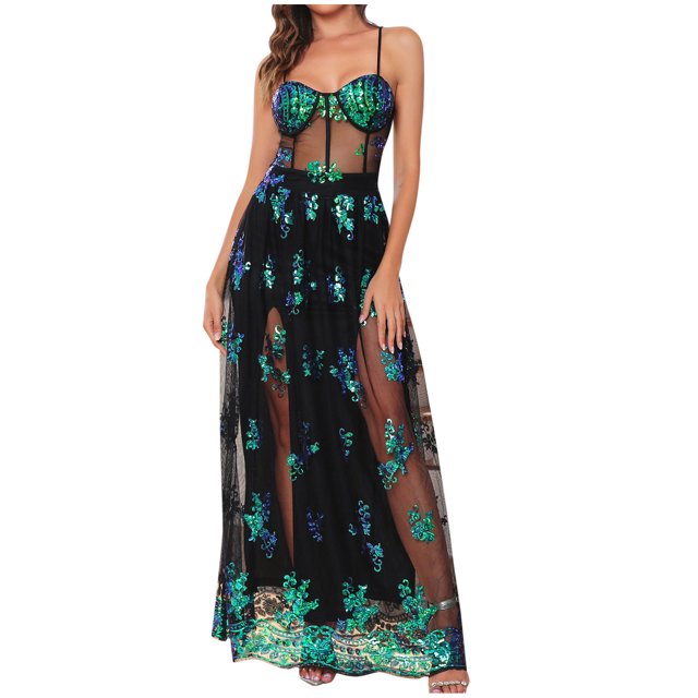 Pisexur Robes pour Femmes en Maille à Col Licou Robe de Bal de Fin d'Année Robe de Soirée Robe de Fête Mode Robes de Cocktail à Fleurs pour Femmes Sans Manches Fendue Robe Maxi Robe Portefeuille Formelle Fluide