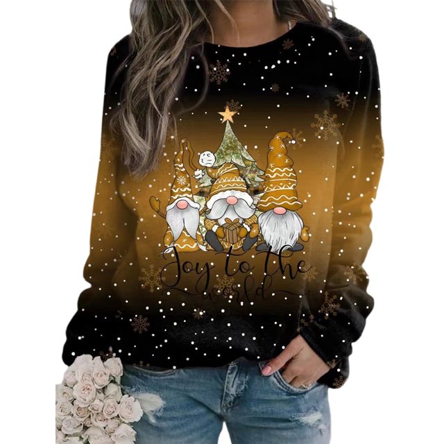 Bellella Sweatshirts de Noël pour Femmes Manches Longues Hauts de Noël Col Rond Pull Ample Imprimé Santa Claus Marron L