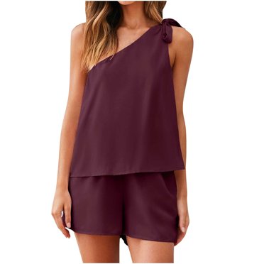 Women Summers 2 Piece Lounge Outfits Solid Color One Shoulder Sleeveless Tops with Loose Shorts Casual Pajamas Sets