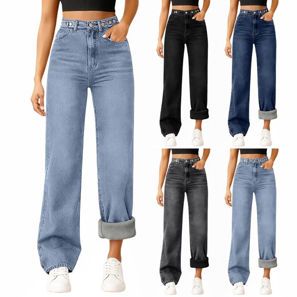Women's Fleece Lined Skinny Jeans High Waisted Warm Thermal Winter Denim Comfort Stretch Slim Fit Trousers