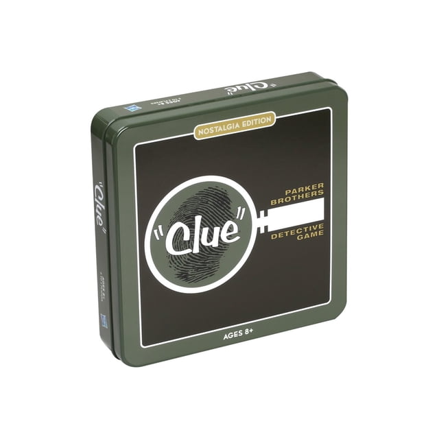 Clue Nostalgia Tin by Everest Toys, featuring a decorative tin with built-in storage. The design is inspired by the 1963 edition, showcasing vintage graphics and a classic gameboard with components. The tin measures 10.5 inches by 10.5 inches by 2.25 inches and is suitable for ages 8 and up.