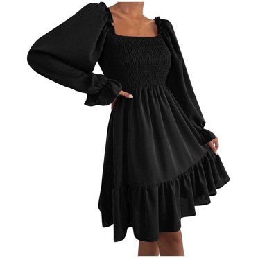 cfhntfmh Robes pour Femmes Mode Col Carré Robe Midi Smockée Décontractée Ample Manches Longues Ruffle Ourlet Robe Cocktail