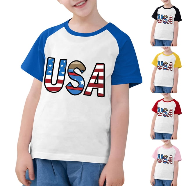 MKOSPLRT Chandails USA Tout-Petits Chandails Drapeau Américain Manches Courtes T-Shirts Raglan à Blocs de Couleur Col Rond T-Shirts Jour de l'Indépendance Chandails de Rentrée