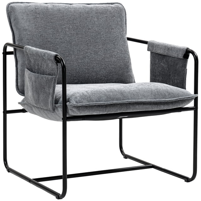 HOMCOM Fauteuil d'Appoint Moderne, Fauteuil en Chenille avec Poches Latérales, Gris
