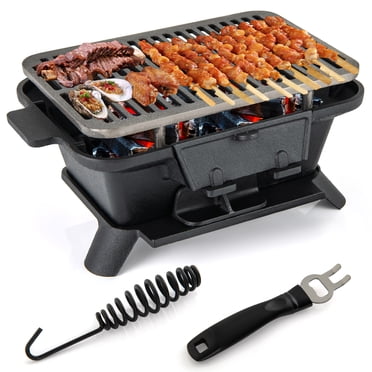 Gymax Gril au Charbon 100 % en Fonte, Gril Hibachi Portable avec Gril et Crochets pour Grille