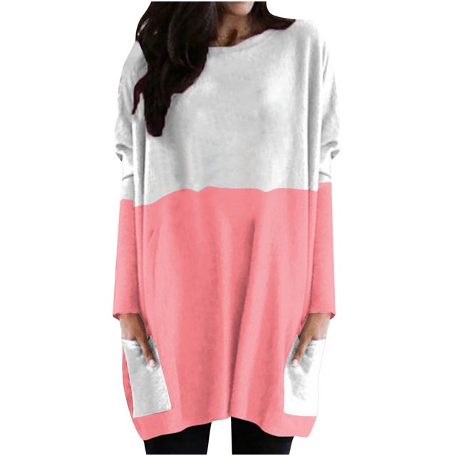 Diufon Fall Tunics for Women Trendy Color Block Blouses Round Neck Long Sleeve Tops with Pockets