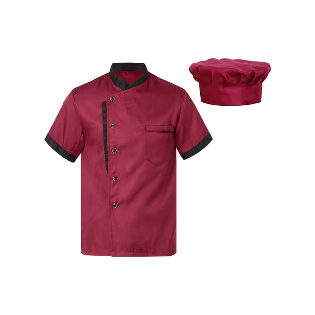 dPois Men Personalized Chef Coat With Hat Unisex Chef Jacket Kitchen Work Uniform Hotel Restaurant Workwear Burgundy03 L