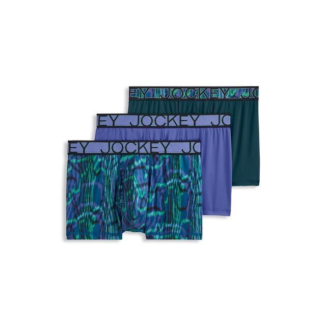 Jockey Men's Active Microfiber 2.5" Trunk - 3 Pack featuring three pairs of men's trunks in assorted colours and patterns, including solid teal, solid blue, and a multicoloured abstract print. Made with 90% recycled polyester, these trunks offer a mid-rise fit, 2.5-inch inseam, and full coverage. Designed with moisture-wicking and anti-odor fabric, StayNew technology, a keyhole fly, and a tag-free design for all-day comfort.