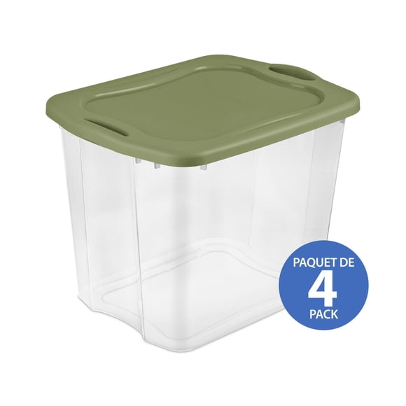 Sterilite 90 Liter EZ Carry, Large Clear Plastic Storage Bin with Full-Grip Handles and Green Lid, 4 Pk