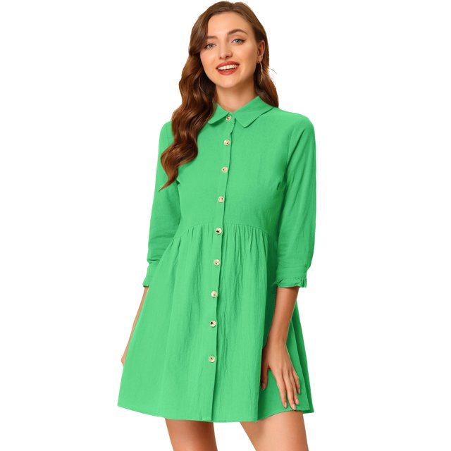 INSPIRE CHIC Women's 3/4 Sleeve Button Front Flare Mini Shirt Dress