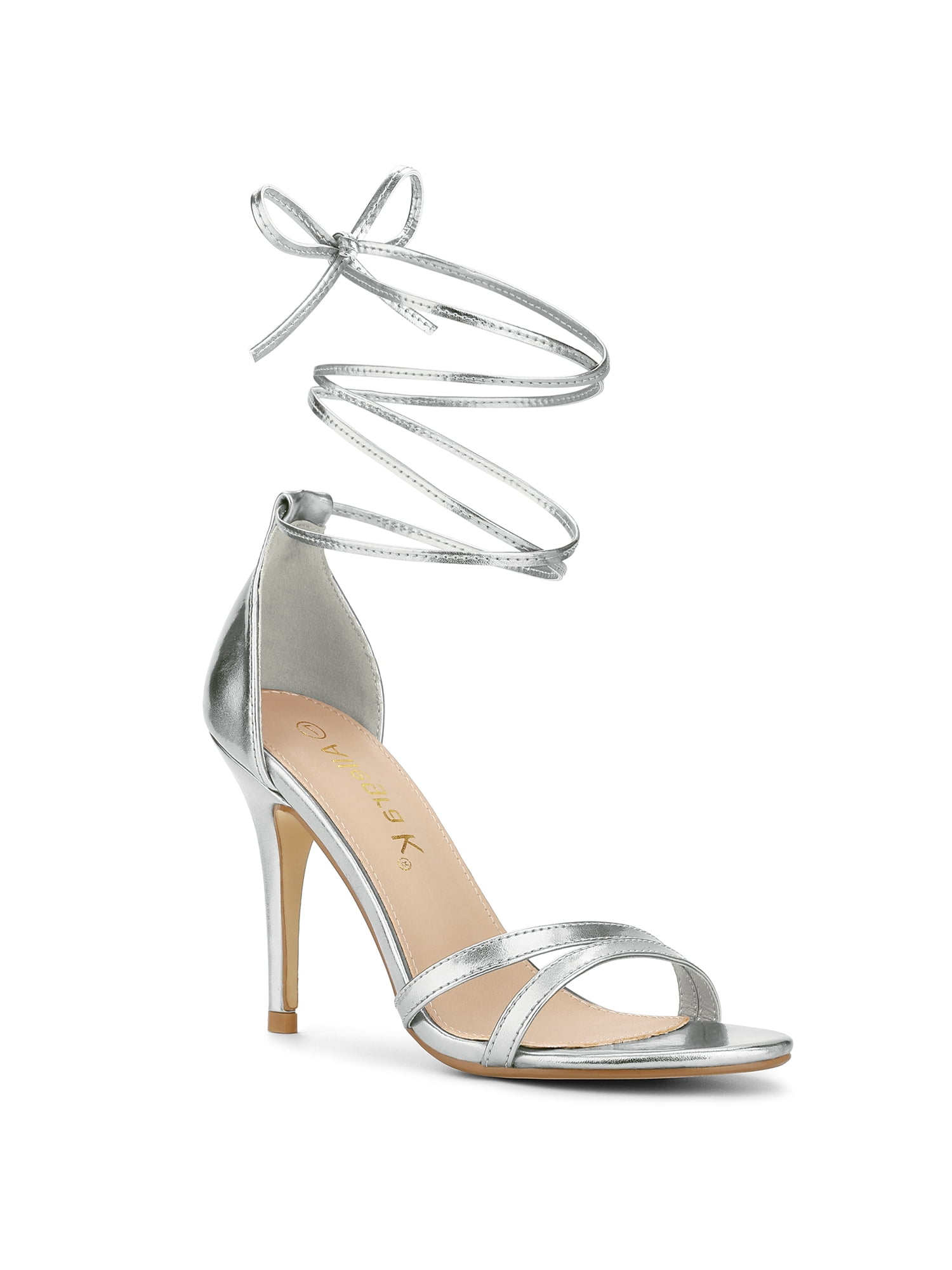 BLISSFUL STEP Lace Up Open Toe Stiletto Heeled Sandals for Women Silver 9