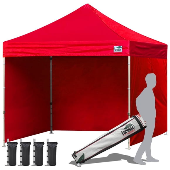 Eurmax USA 10'x10' Pop-up Canopy Tent Commercial Instant Canopies with 4 Removable Zipper End Side Walls and Roller Bag, Bonus 4 SandBags(Red)