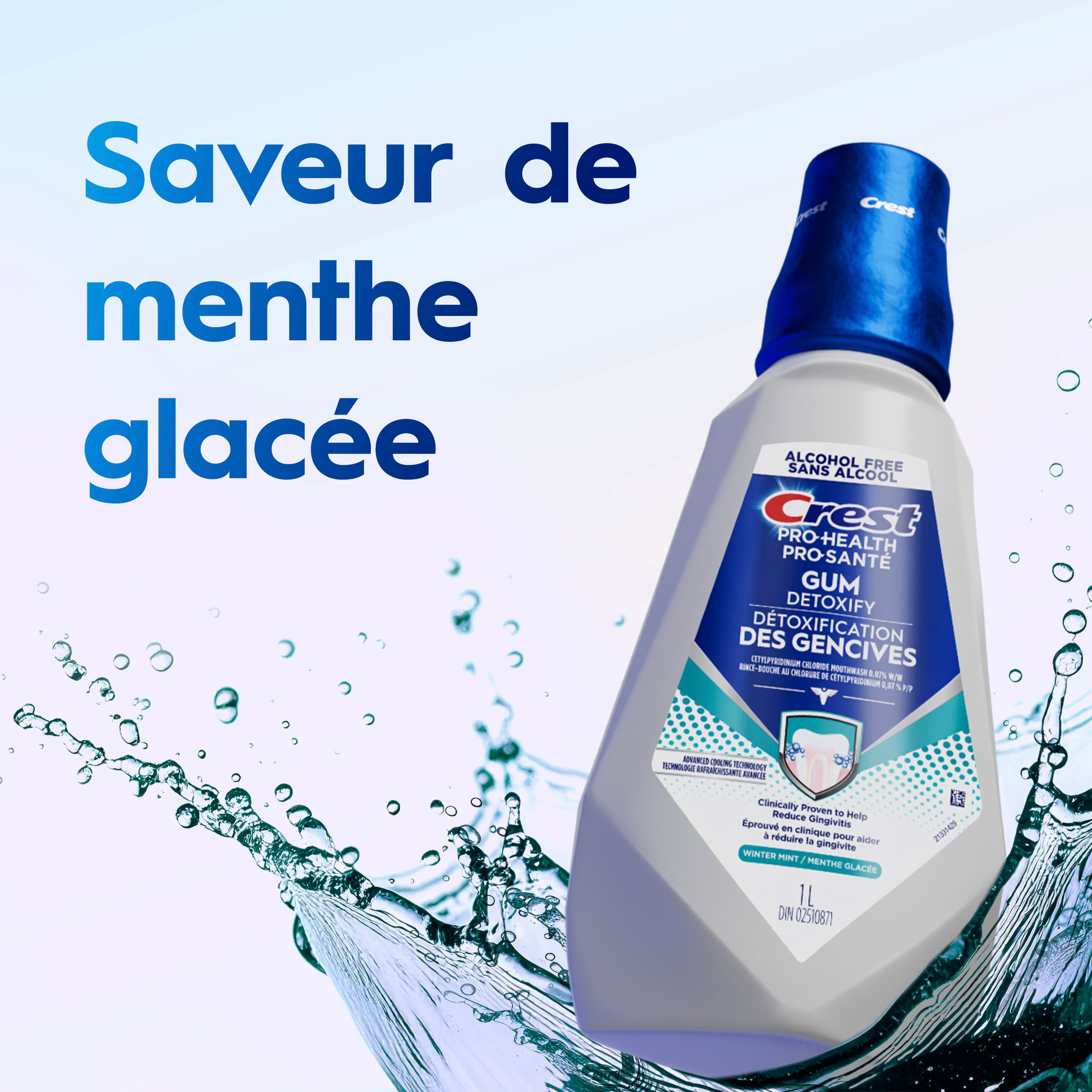 Rince-bouche Crest Pro-Santé Détoxification des gencives, antigingivite et antiplaque, neutralise la plaque, sans alcool, menthe d’hiver, 1 L