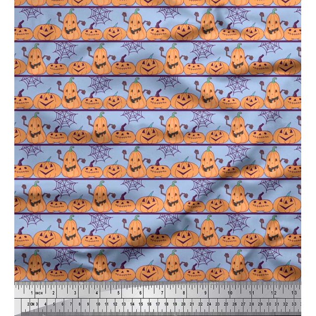 Soimoi Polyester Crepe Fabric Spider Web & Pumpkin Halloween Print Sewing Fabric Yard 52 Inch Wide
