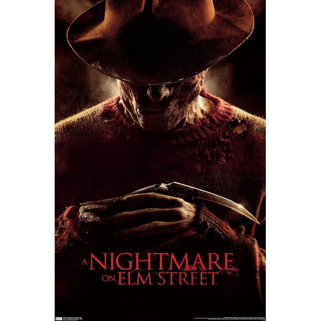 Un Cauchemar sur Elm Street - Affiche Murale 2010, 22,375 Pouces x 34 Pouces Montrant Freddy Krueger Portant une fedora Brune et un Chandail Rouge et Vert Usé, Tenant Son Gant à Lame Métallique contre un Fond Sombre avec le Titre du Film en Texte Rouge au Bas, Idéal pour une Oeuvre Murale à Thème Horreur.